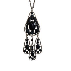 Black Stone Statement Necklace With Long Gold Chain & Teardrop Pendant